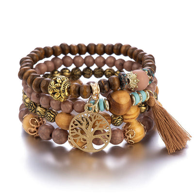 Bracelet en perles de bois multicouche Boho