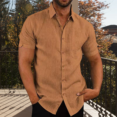 Chemise en lin boutonnée à manches courtes de couleur unie pour hommes