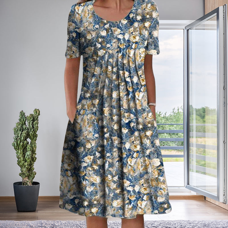 Robe mi-longue décontractée à col rond et à fleurs