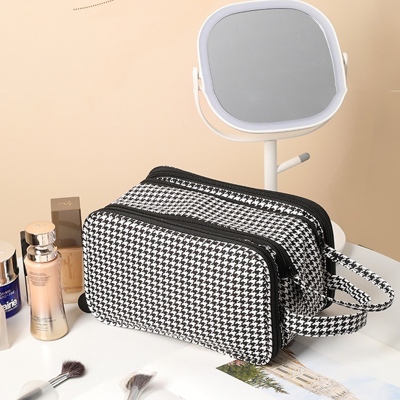 Sac à cosmétiques de grande capacité en motif pied-de-poule