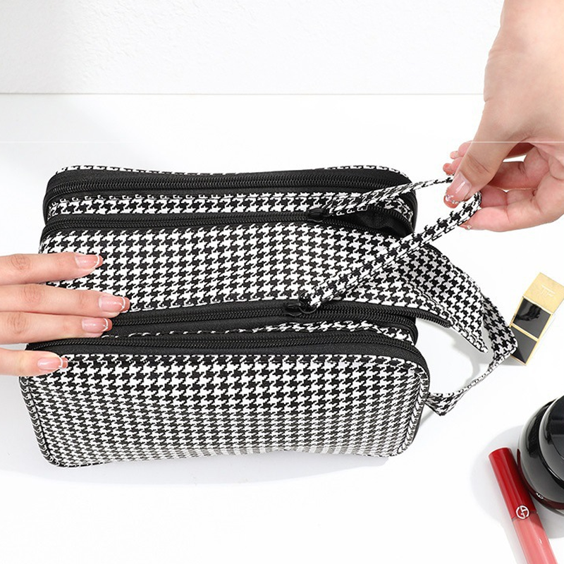 Sac à cosmétiques de grande capacité en motif pied-de-poule