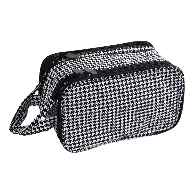 Sac à cosmétiques de grande capacité en motif pied-de-poule