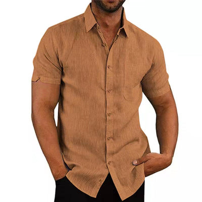 Chemise en lin boutonnée à manches courtes de couleur unie pour hommes