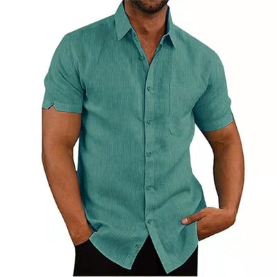 Chemise en lin boutonnée à manches courtes de couleur unie pour hommes