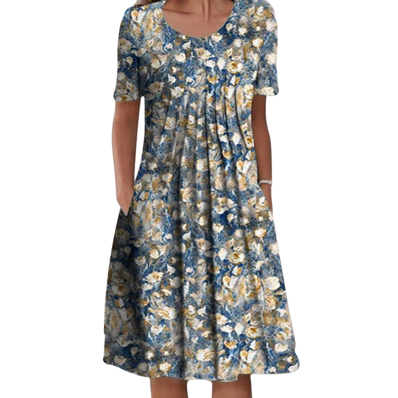 Robe mi-longue décontractée à col rond et à fleurs